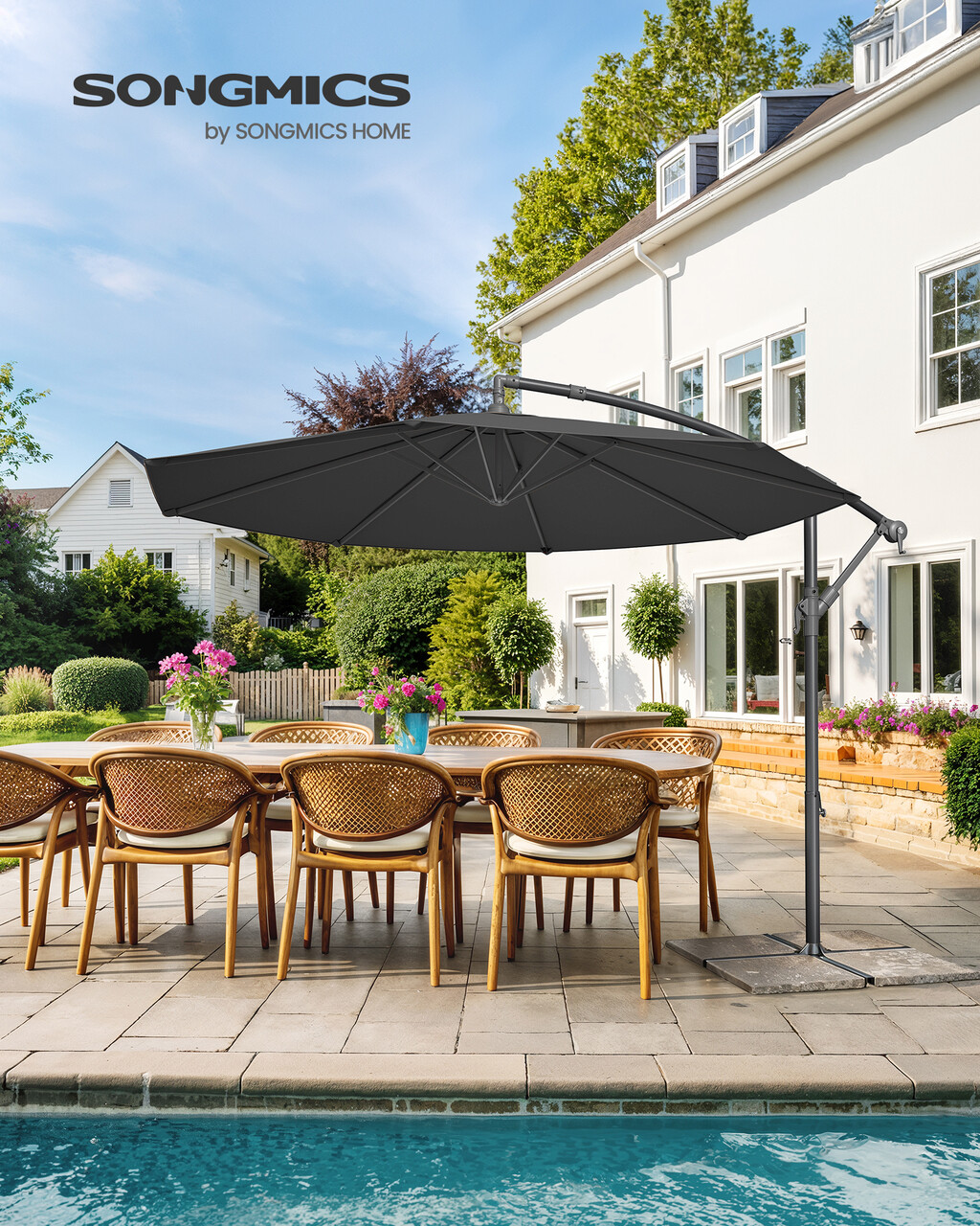 Umbrela pentru gradina cu picior lateral si iluminare LED solara, Songmics, 300 cm, protectie UV 50+, gri - imagine 7